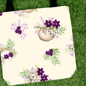 purple floral sloth tote bag