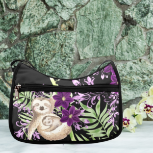 purple floral sloth messenger bag